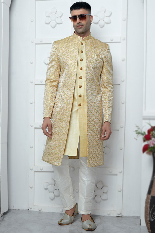 Jacquard Light Beige Weaved Jacket Style Men's Sherwani