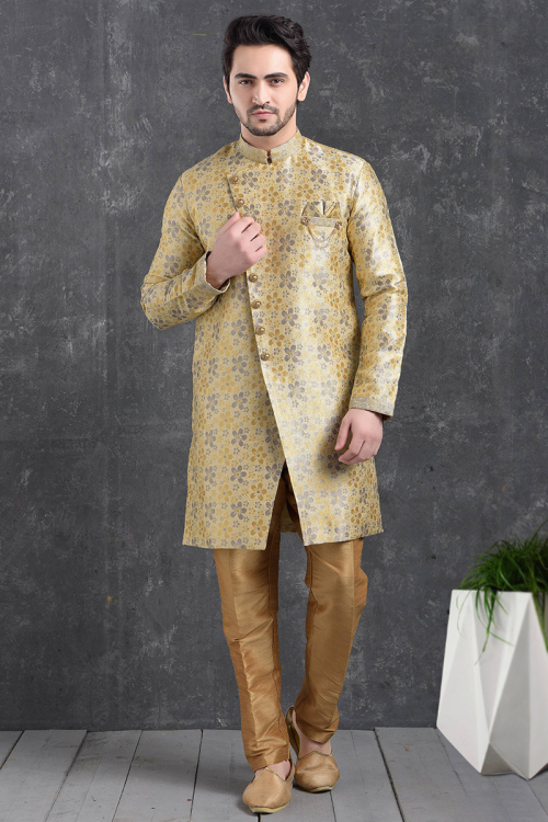 Jacquard Light Beige Weaved Thread Asymmetrical Men's Sherwani