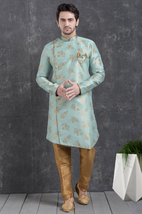 Jacquard Light Blue Woven Zari Asymmetrical Men's Sherwani