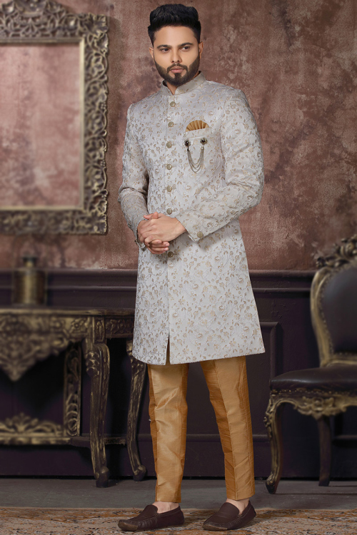 Light Grey Jacquard Traditional Men Sherwani with Zari Work