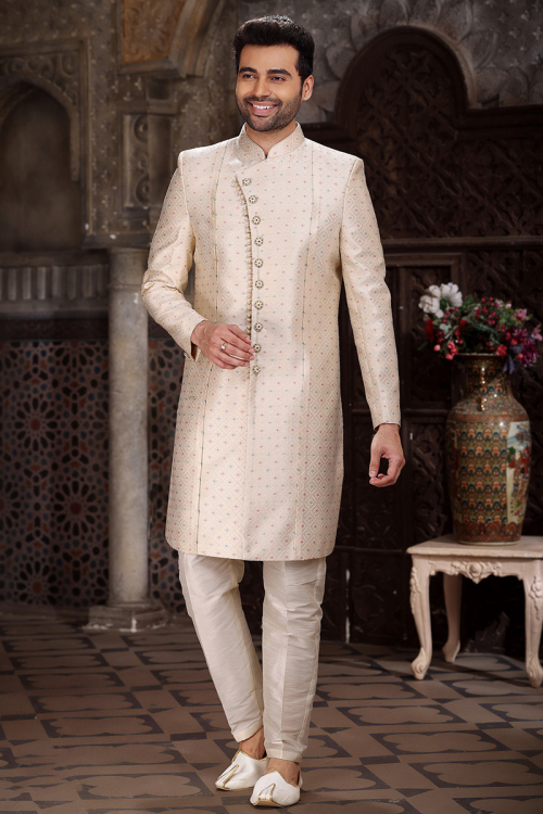 Jacquard Light Peach Weaved Thread Asymmetrical Men's Sherwani