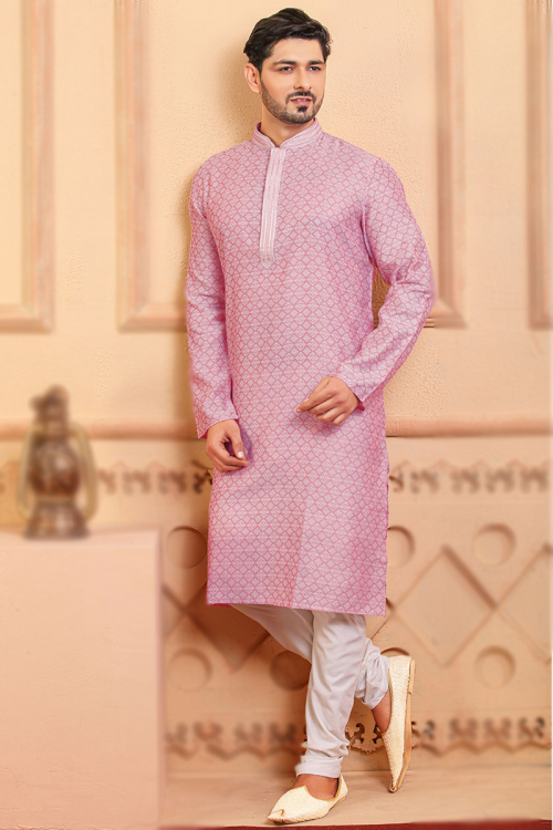 Jacquard Light Pink Weaved Thread Kurta Churidar for Men