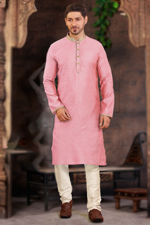 Jacquard Light Pink Weaved Thread Work Kurta Churidar for Men