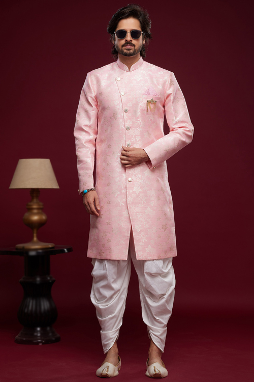 Jacquard Light Pink Weaved Zari Men's Sherwani For Engagement 