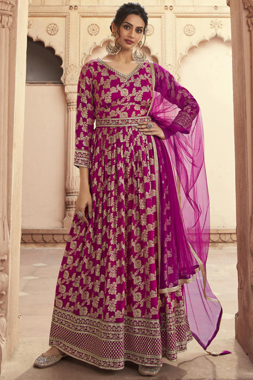 Jacquard Magenta Pink Weaved Thread Anarkali Suit 