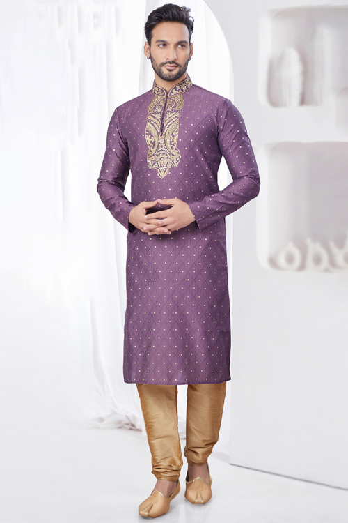 Jacquard Mauve Weaved Thread Straight Cut Men's Kurta Churidar 