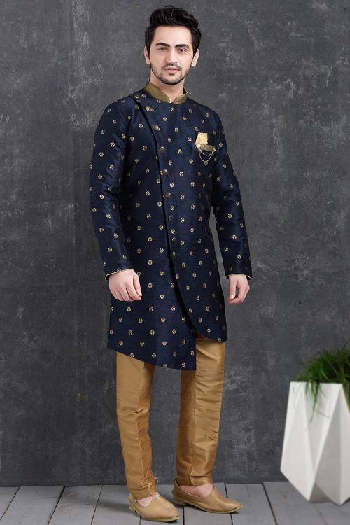 Jacquard navy blue Embroidered Asymmetrical Men's Sherwani