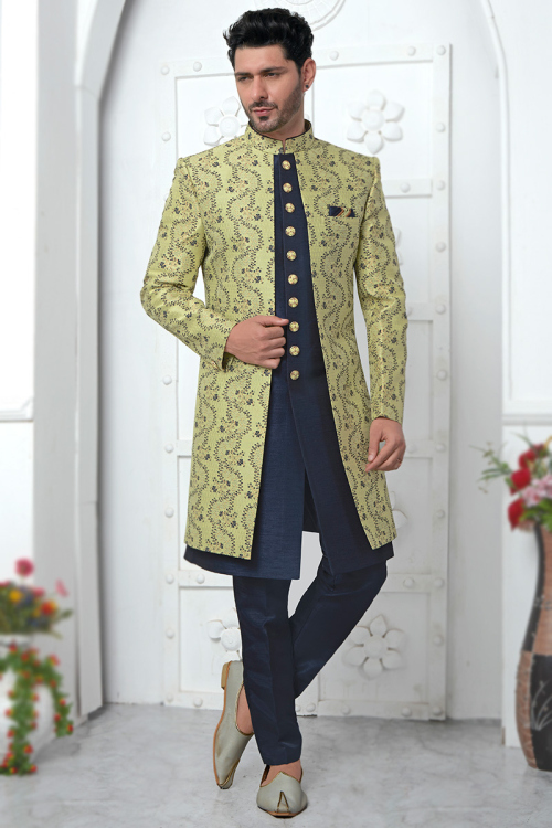 Jacquard Navy Blue Weaved Jacket Style Men Sherwani