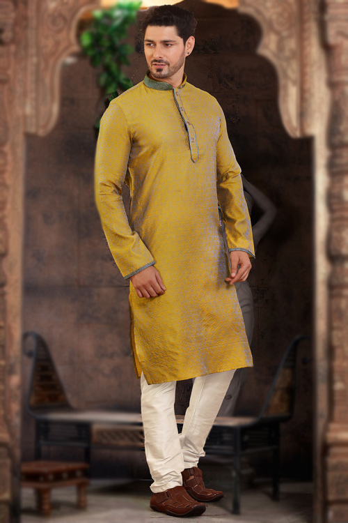 Jacquard Oat Beige Weaved Thread Men's Kurta Churidar