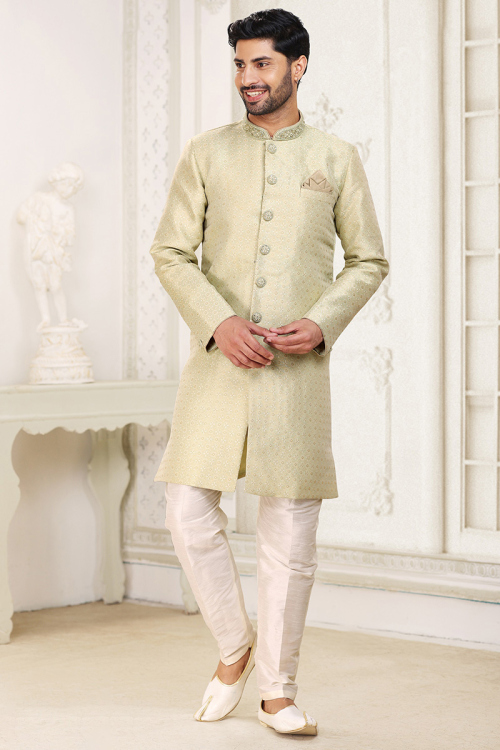 Jacquard Oat Beige Woven Zari Men's Sherwani