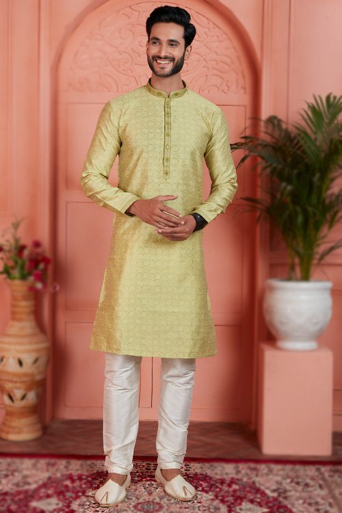 Jacquard Pear Green Weaved Thread Straight Cut Kurta Churidar or Men
