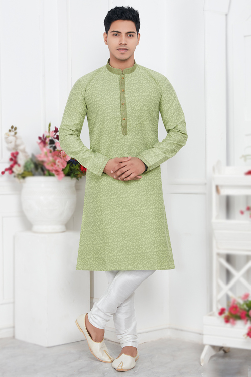 Jacquard Pistachio Green Weaved Thread Straight Men's Kurta Churidar 