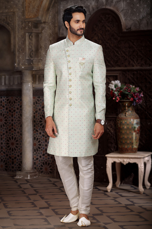 Jacquard Pistachio Green Weaved Thread Traditional Men's Sherwani