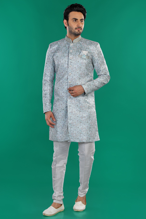 Jacquard Powder Blue Weaved Thread Indo Western Men's Sherwani