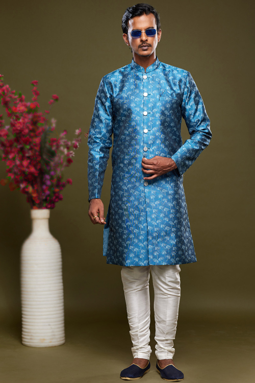 Jacquard Printed Blue Straight Cut Men's Sherwani 