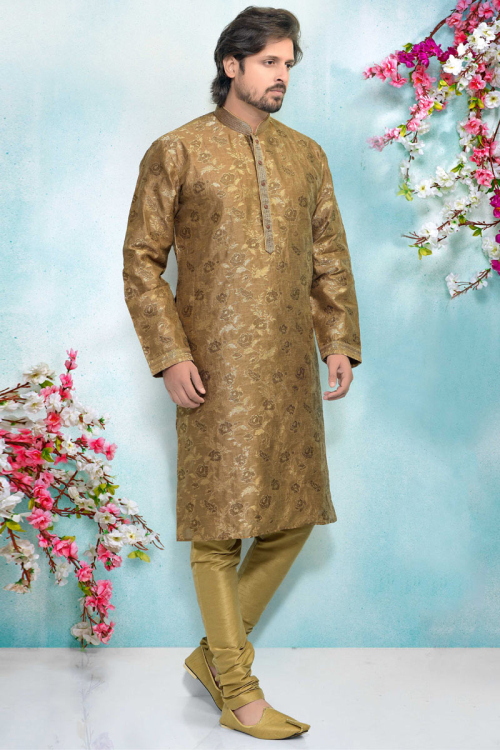 Jacquard Readymade Brown Kurta With Churidar for Wedding & Party