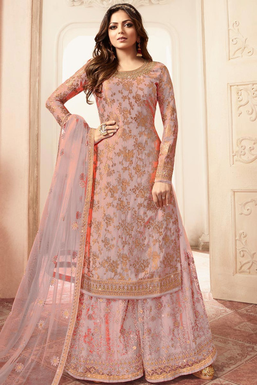 Buy Jacquard Silk Party Wear Sharara Suit In Peach Colour Online ...