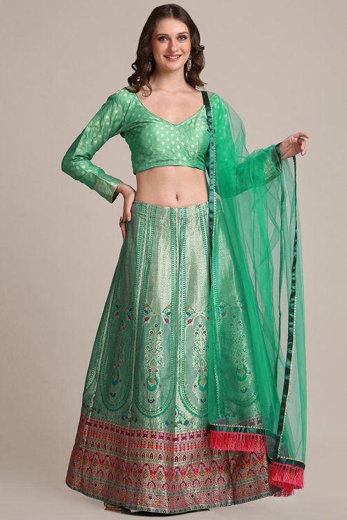 Jacquard Silk Seafoam Green Lehenga with Net Dupatta