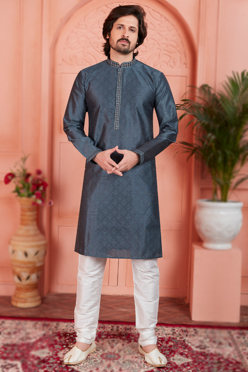 Jacquard Steel Grey Weaved Thread Straight Cut Men's Kurta Churidar 