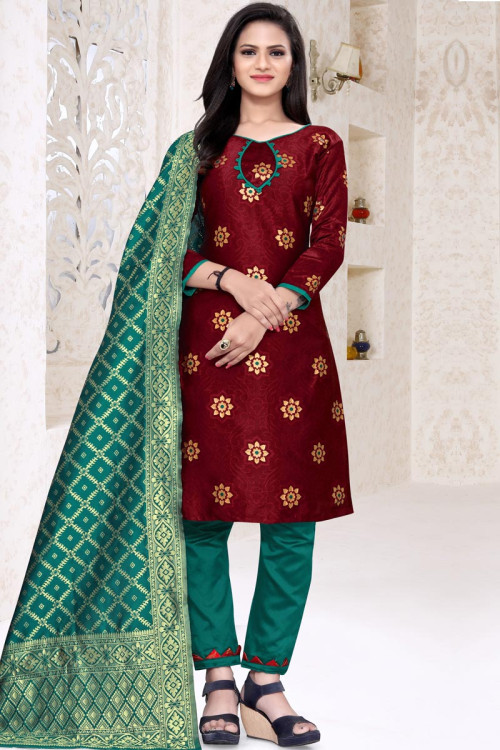 Light Maroon Straight Cut Party Wear Traditional Suit in Jacquard