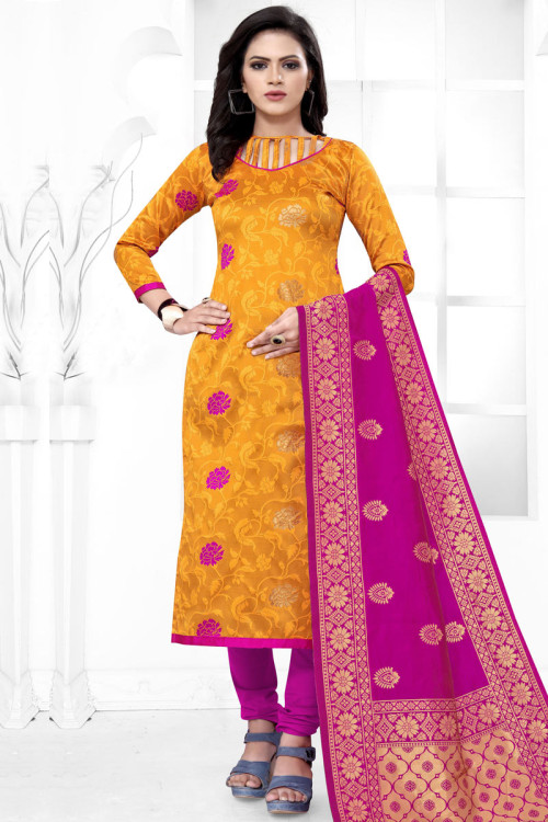 Mustard Yellow Jacquard Churidar Suit for Party Wear
