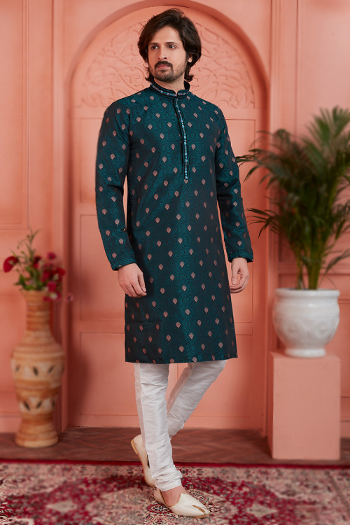 Jacquard Weaved Teal Green Straight Cut Men's Kurta Churidar 