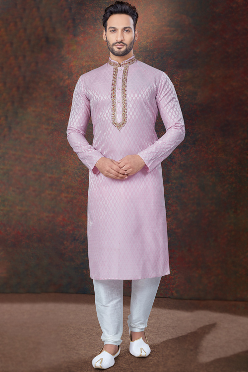 Jacquard Weaved Thread Lavender Pink Straight Cut Men's Kurta Churidar 
