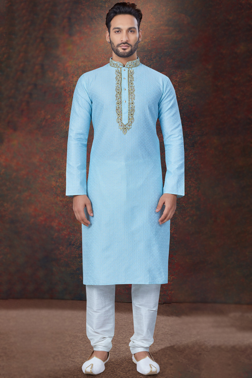 Jacquard Weaved Thread Light Blue Straight Cut Men's Kurta Churidar 