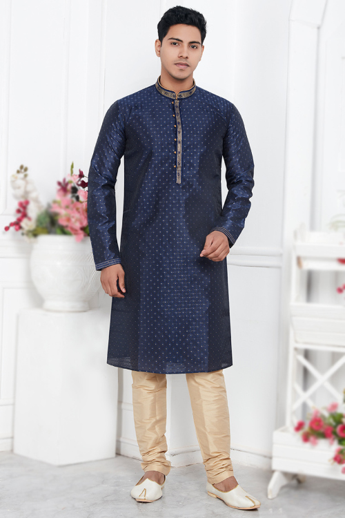 Jacquard Weaved Thread Work Navy Blue Men Kurta Churidar