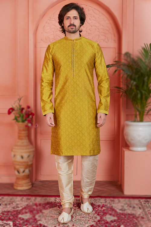 Jacquard Weaved Thread Olive Green Straight Cut Men's Kurta Churidar 