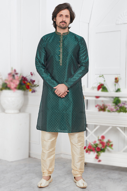 Jacquard Weaved Thread Teal Green Straight Cut Men's Kurta Churidar