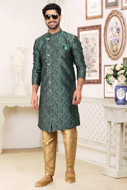 Jacquard Woven Zari Dark Green Men's Sherwani 