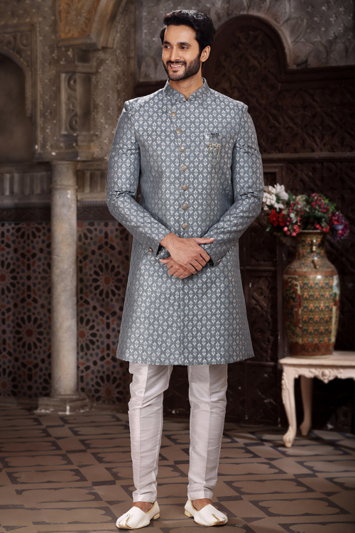 Jacquard Woven Zari Steel Grey Indo-Western Men's Sherwani
