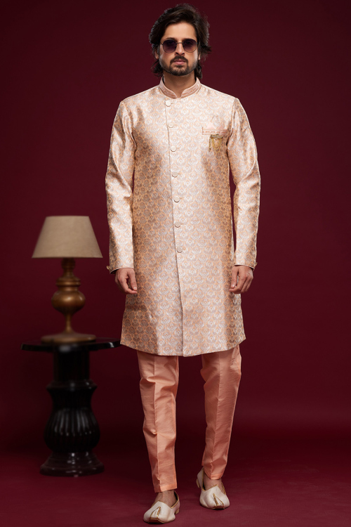 Jacquard Woven Zari Straight Cut Men's Sherwani In Light Peach 