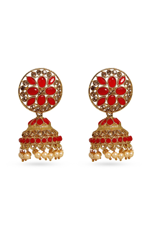 Red Stone Studded Gold Plated Jhumka Earrings