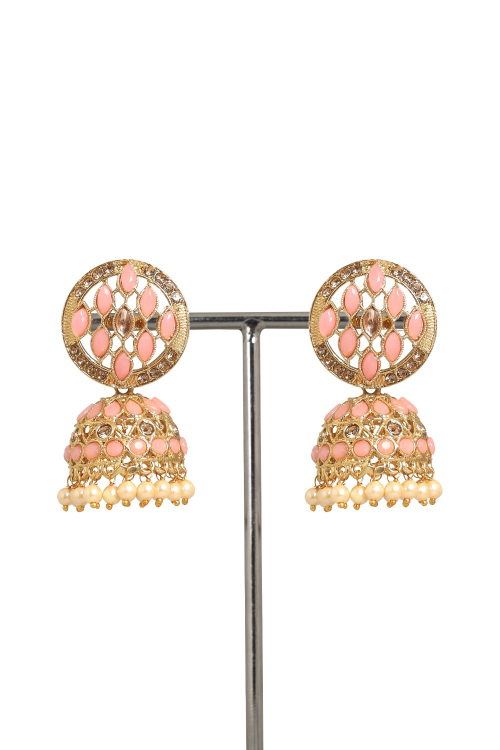 Salmon Pink Stone Work Gold Plated Jhumka Earrings