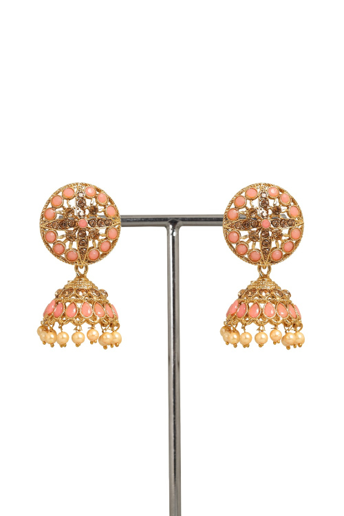 Salmon Pink Stone Studded Gold Plated Jhumka Earrings