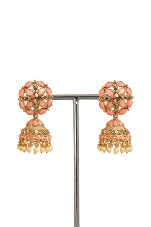 Salmon Pink Stone Studded Gold Plated Jhumkas