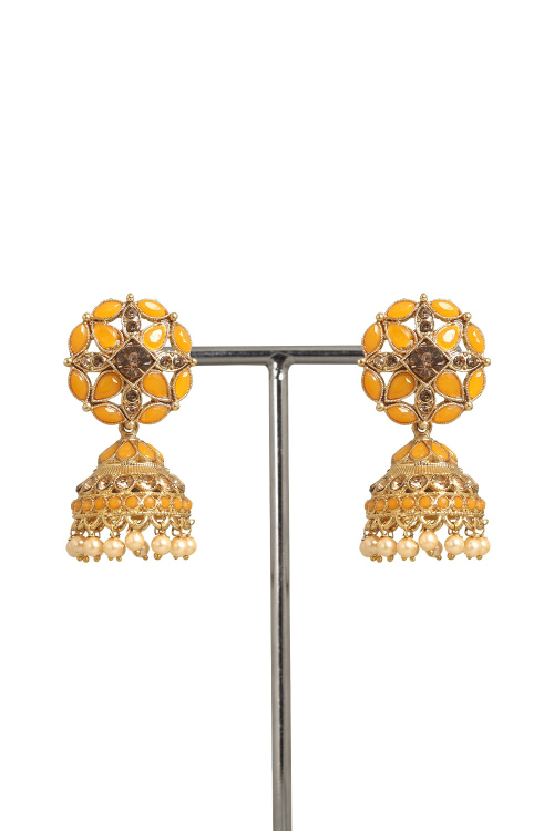 Light Orange Stone Work Gold Plated Earrings