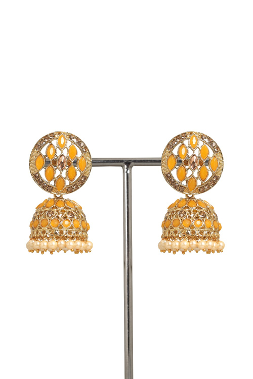 Light Orange Stone Work Gold Plated Earrings