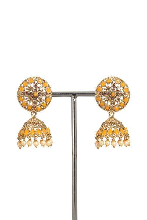 Light Orange Stone Work Gold Plated Earrings