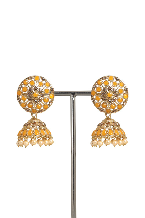 Light Orange Stone Work Gold Plated Earrings