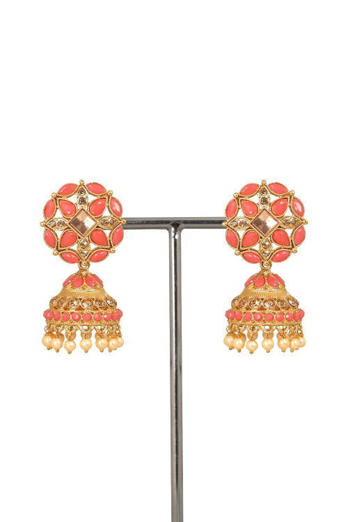 Gold Plated Salmon Pink Stone Studded Jhumka Earrings