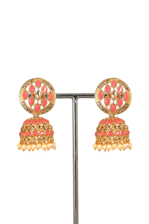 Gold Plated Salmon Pink Stone Studded Jhumka