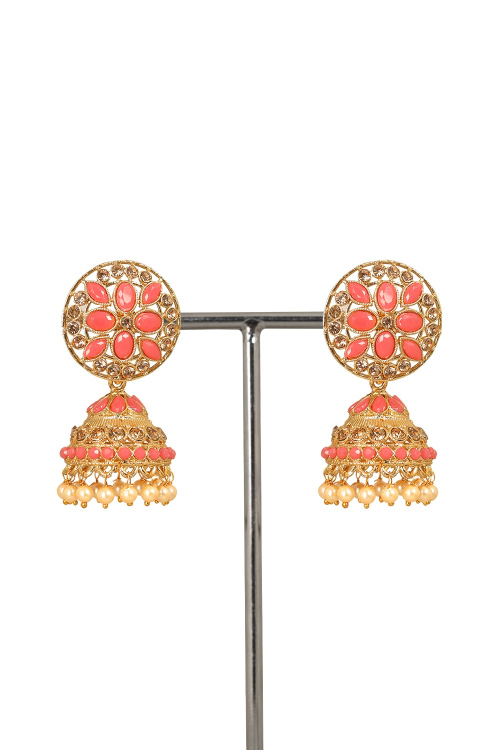 Gold Plated Salmon Pink Stone Work Jhumkas