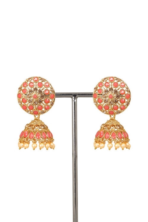 Gold Plated Salmon Pink Stone Work Jhumka Earrings