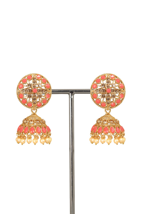 Gold Plated Salmon Pink Stone Work Jhumka