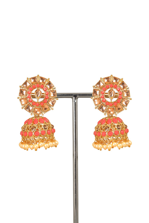 Gold Plated Salmon Pink Jhumkas With Stone Work 