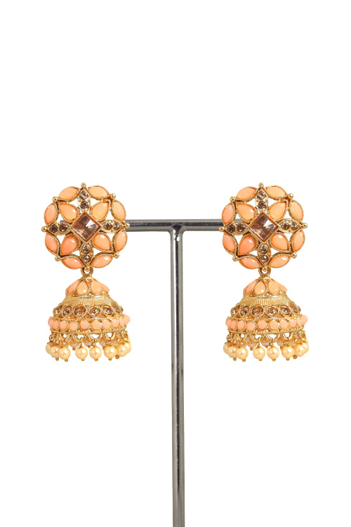 Salmon Peach Stone Work Gold Plated Jhumka Earrings