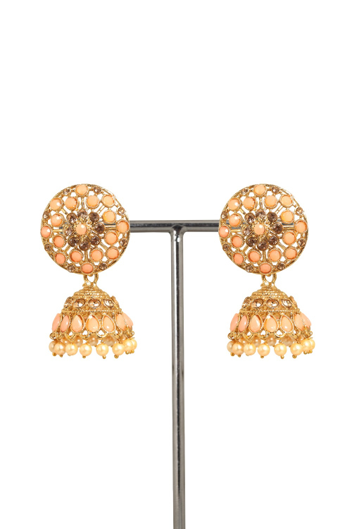 Salmon Peach Stone Work Gold Plated Jhumka